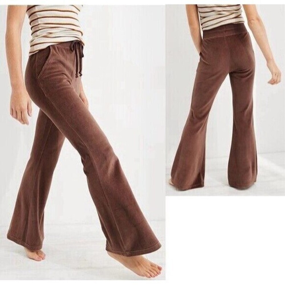 Aerie Sweatpants Womens Size Small Brown Velour Kick-It Flare High Waisted Pants